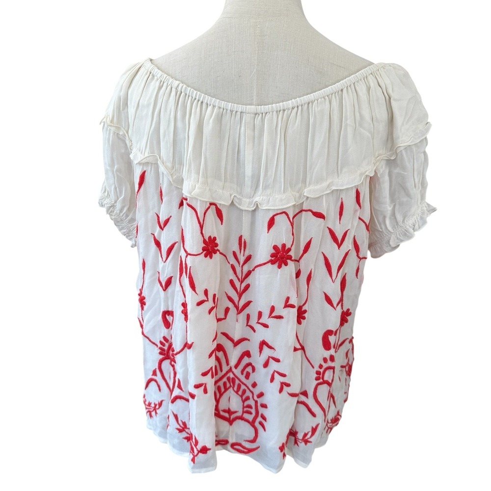 Chan Luu White Red Embroidered Peasant Blouse Top Small Boho Gauze NWT - Picture 2 of 7